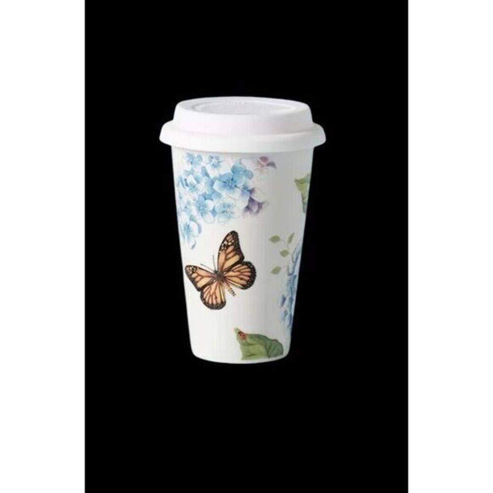 New Lenox Ceramic Thermal Travel Mug Butterfly Meadow Tumbler 10oz Silicone Lid